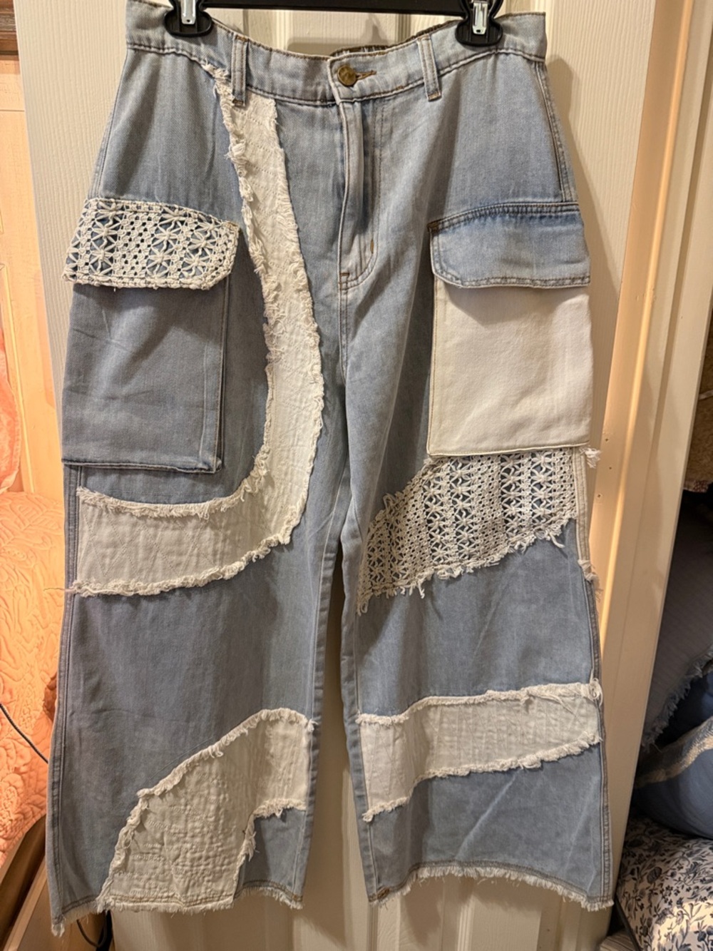 POL Light Blue & White Patchwork Wide-Leg Jeans